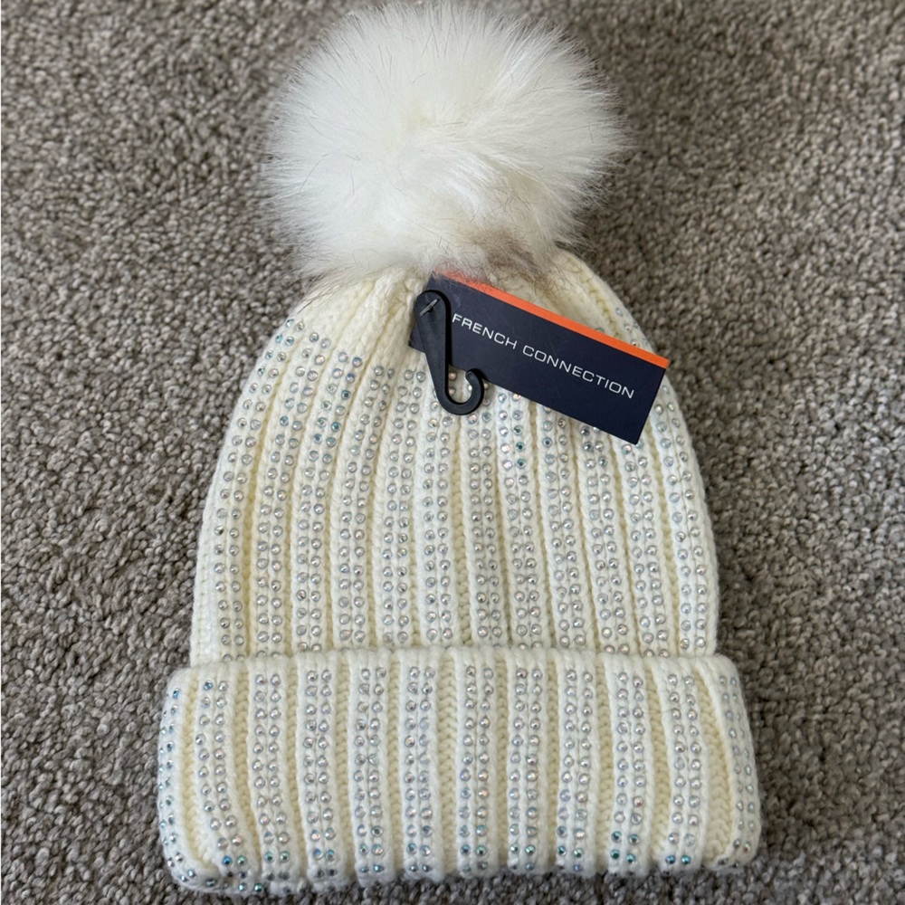 French Connection Ivory Beanie with Rhinestones